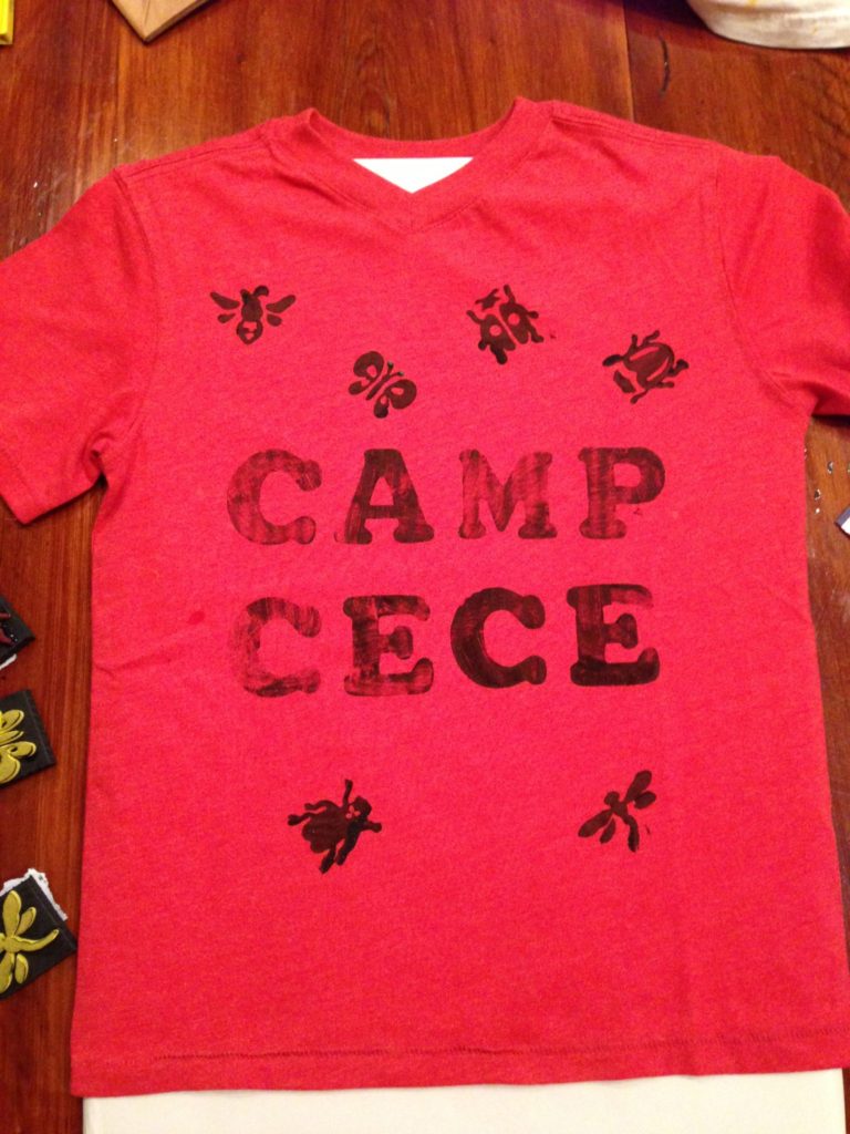 a t-shirt stamped with Camp CeCe and bugs