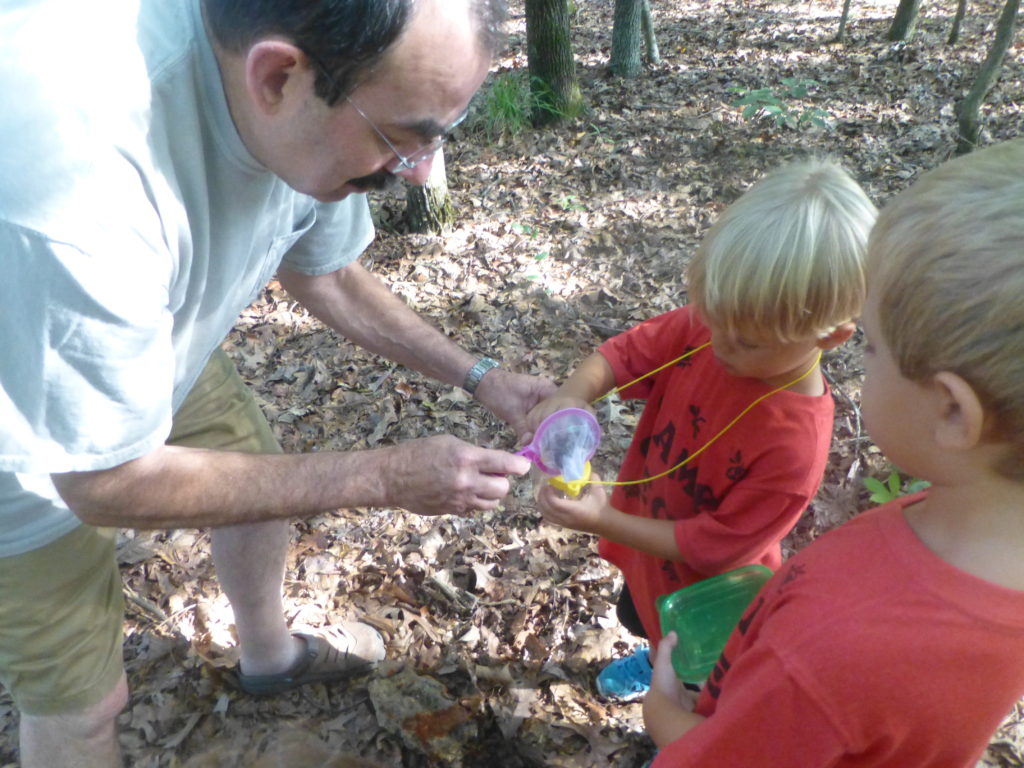 grandfather and grandson looking at bugs -how to plan a preschool cousin camp (camp cece)