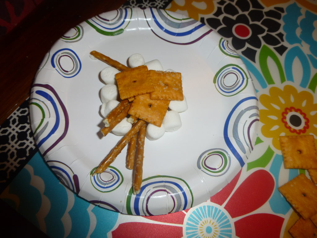 "campfire" on a plate made from miniature marshmallows topped with stick pretzels and then cheese crackers on top. Camp CeCe