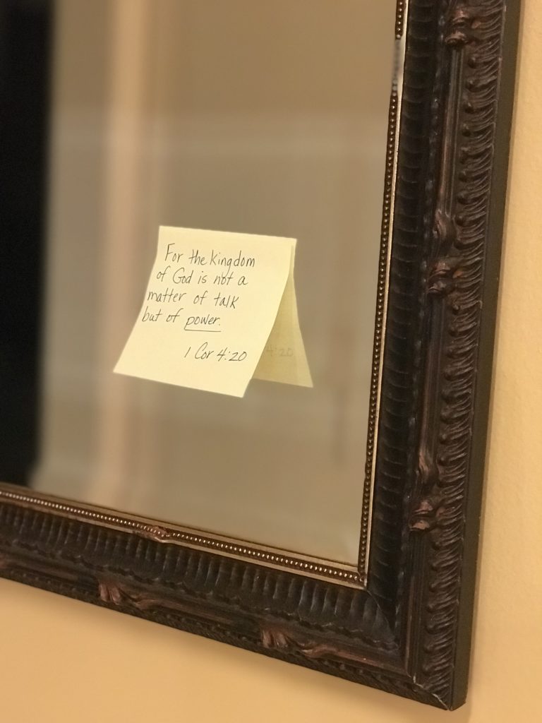 A Post-It note with a Bible verse on a mirror in Six Bible Study tips to light the spark you need